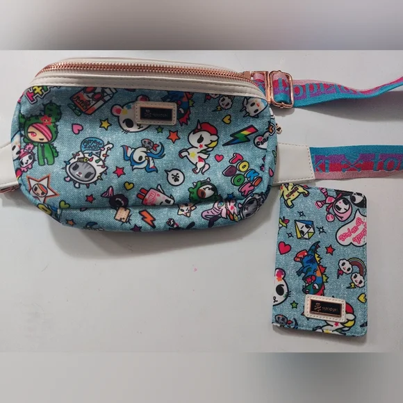 Tokidoki Denim Daze Blue Fanny Waist Sling Belt Bag With Matching Bifold Wallet
